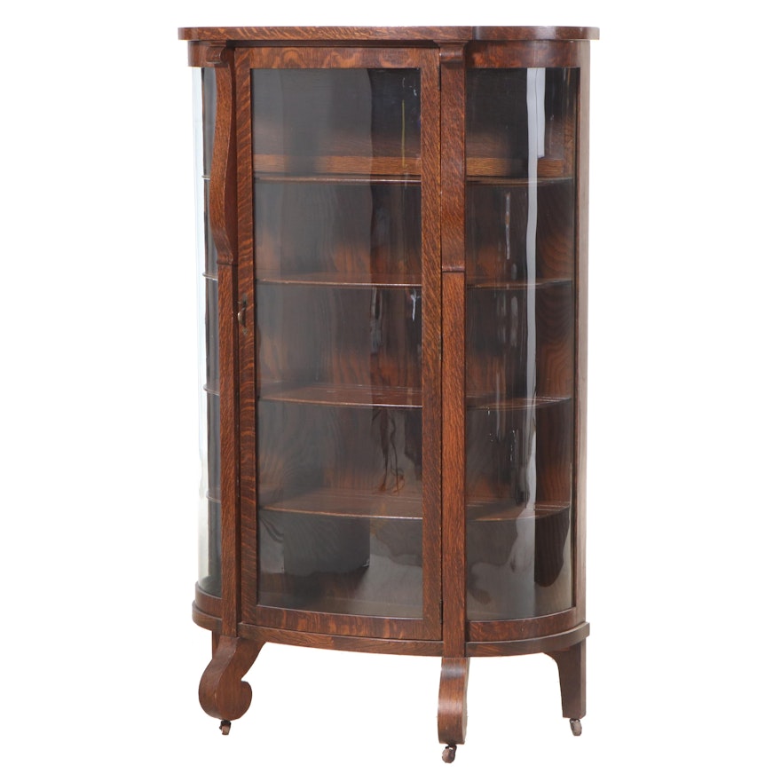 American Empire Revival Quartersawn Oak & Curved Glass China Cabinet, circa 1900