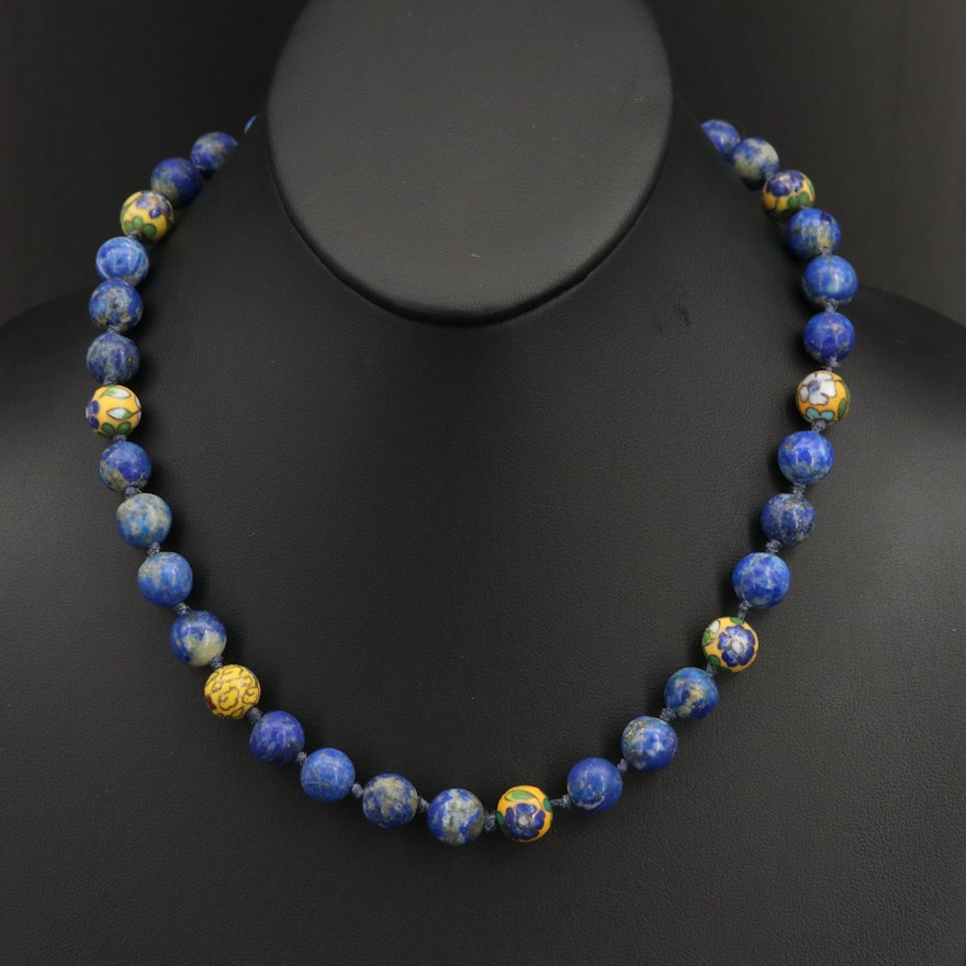 Cloisonné Enamel, Lapis Lazuli and Glass Bead Necklace with 14K Clasp