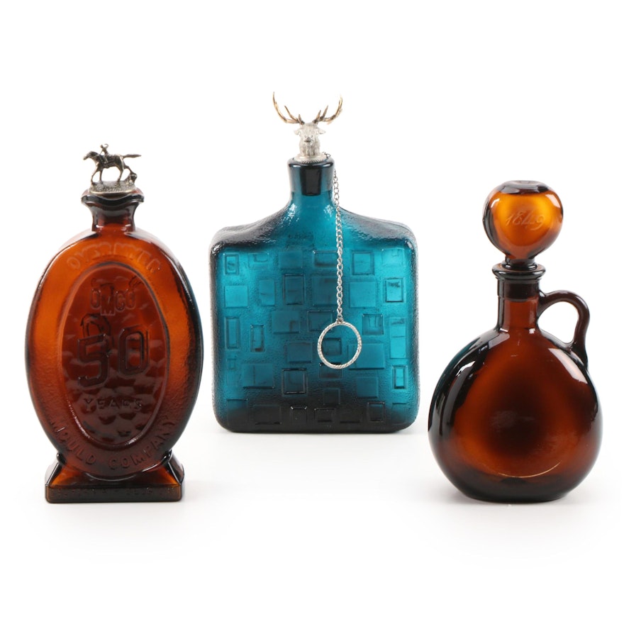 Italian Teal Glass Geometric Glass Bottle with Other Amber Glass Bottles