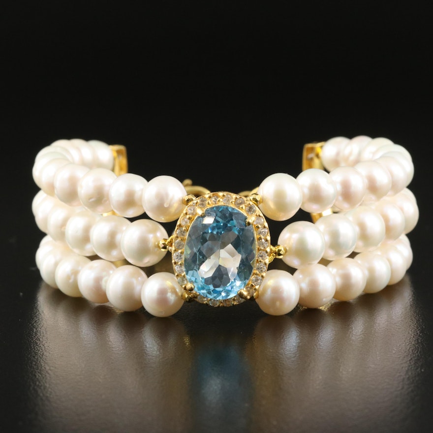 Sterling Swiss Blue Topaz and Pearl Triple Row Bracelet