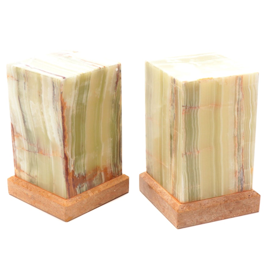 Pair of Pakistani Green Banded Calcite Slab Table Lamps on Marble Bases