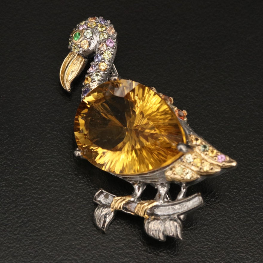 Sterling Bird Brooch with Citrine, Sapphire and Diopside