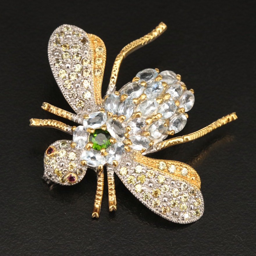 Sterling Insect Brooch with Aquamarine, Sapphire and Diopside