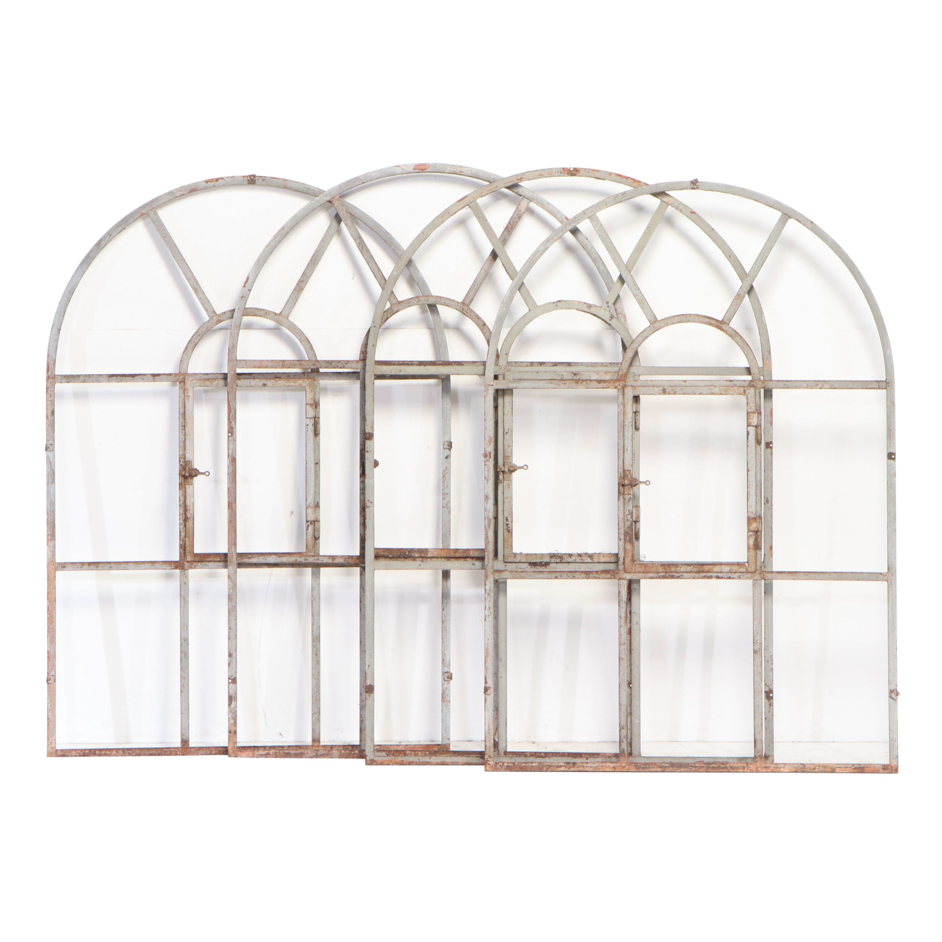Four Metal Nine-Panel Arched Window Frames, 20th Century
