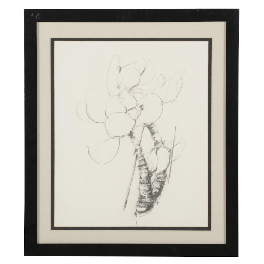 Chien Ming Su Abstract Floral Graphite Drawing, Late 20th Century