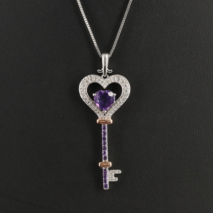 Sterling Amethyst and Sapphire Heart Key Pendant with 10K Accents