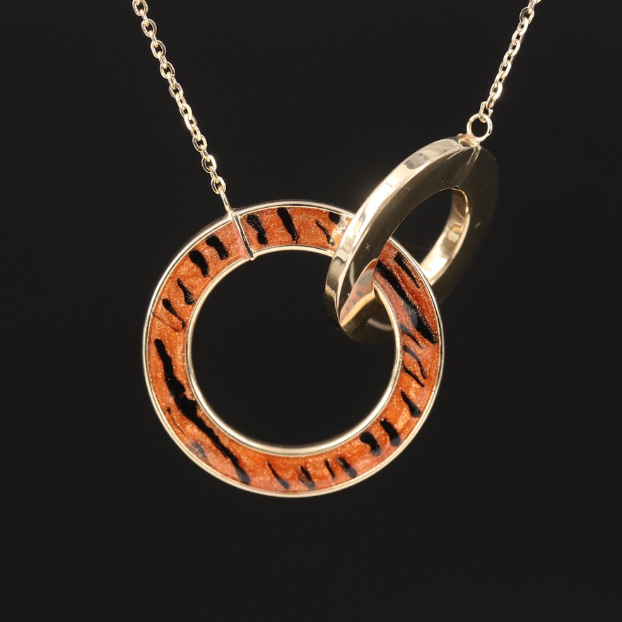 Italian 14K Interlocking Circle Enamel Necklace with Tiger Stripe Pattern