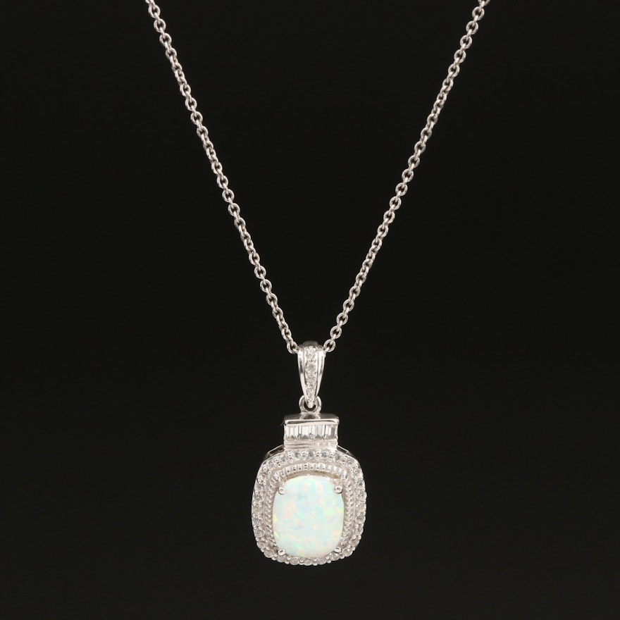 Sterling Opal and Topaz Halo Pendant Necklace