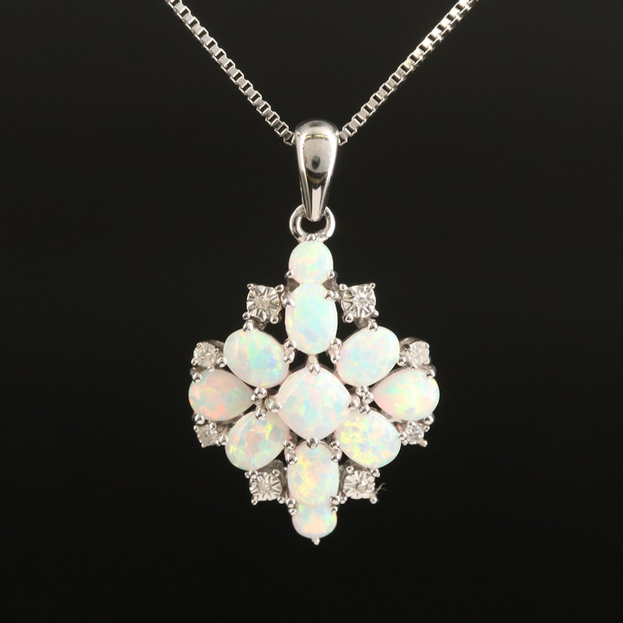 Sterling Opal and Diamond Cluster Pendant Necklace