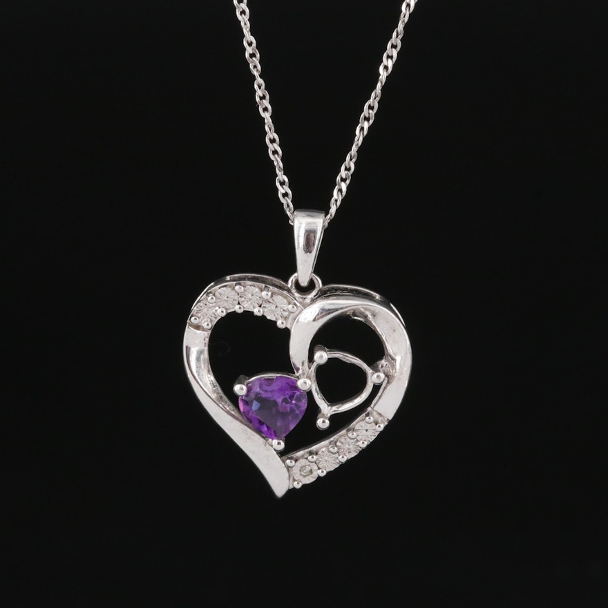 Sterling Amethyst and Diamond Heart Pendant Necklace