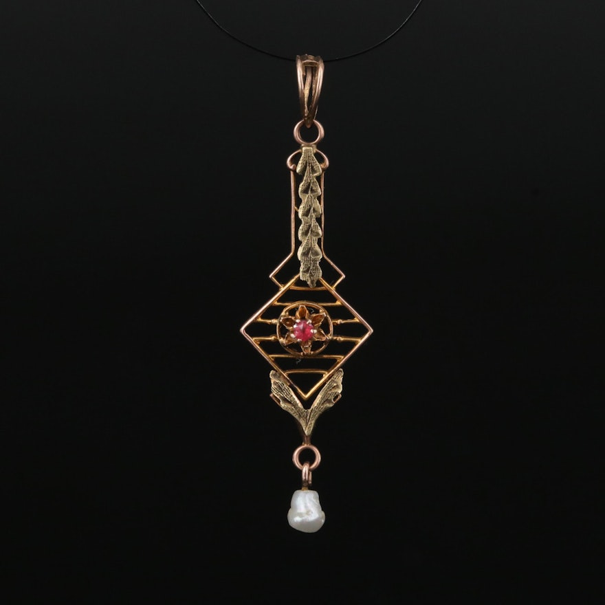 Arts & Crafts 10K Two-Tone Garnet and Pearl Pendant