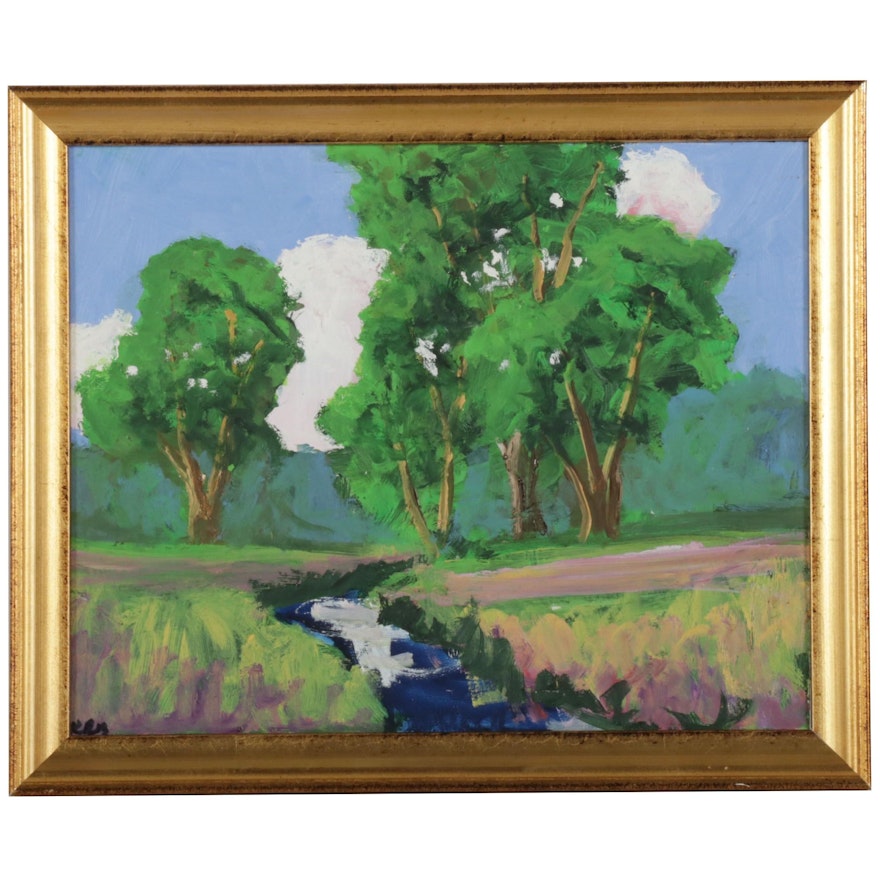 Kenneth R. Burnside Landscape Oil Painting of Countryside Stream, 21st Century
