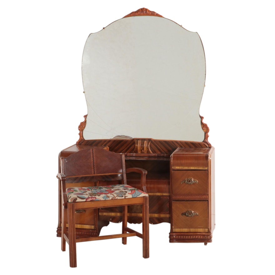 Art Deco Veneered and Inlaid Waterfall Vanity Desk and Seat, circa 1940