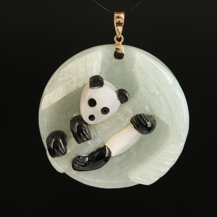 14K Jadeite, Mother of Pearl and Black Onyx Panda Pendant