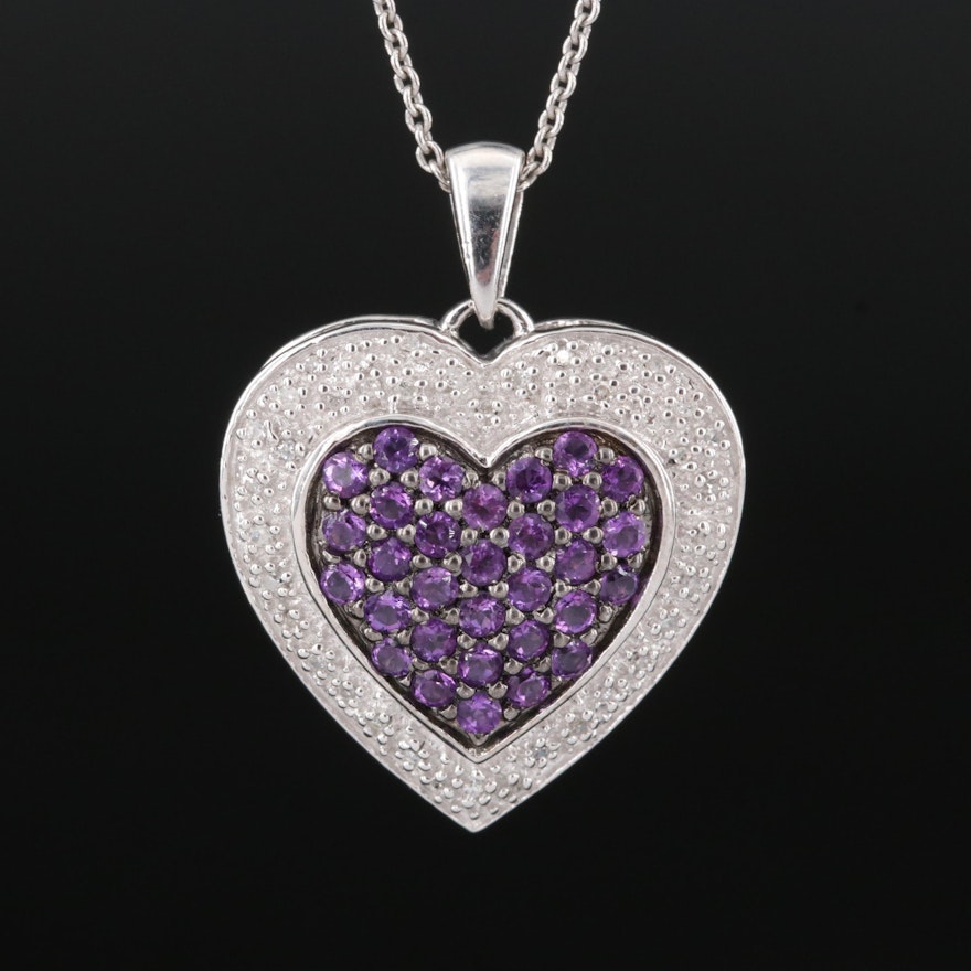 Sterling Pavé Amethyst and Diamond Heart Pendant Necklace