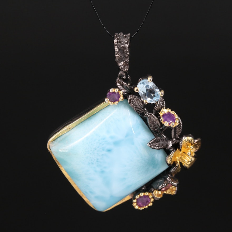 Sterling Foliate Pendant with Larimar, Topaz and Amethyst