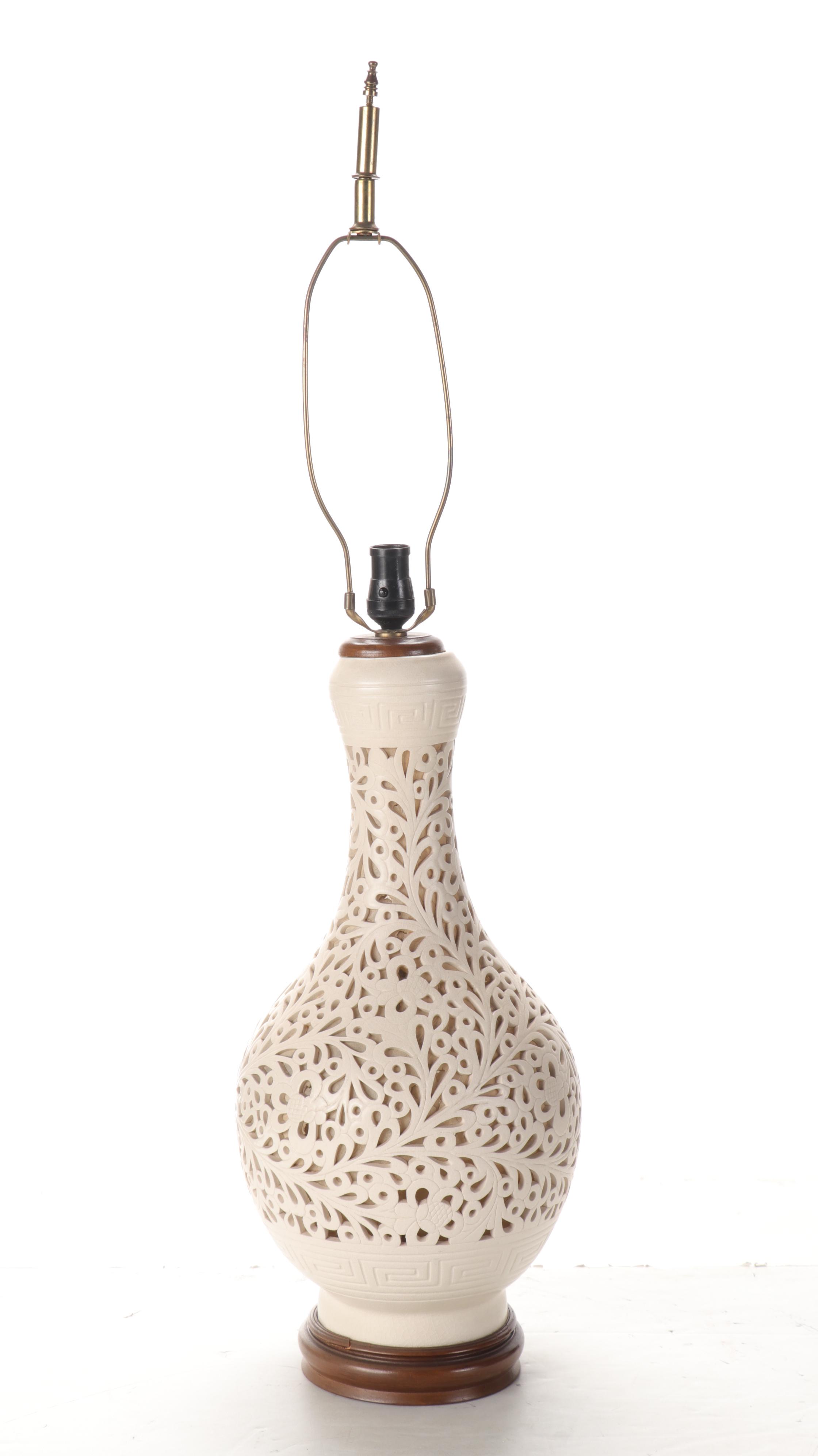 Pierced Ivory Ceramic Vase Lamp, Mid-20th Century