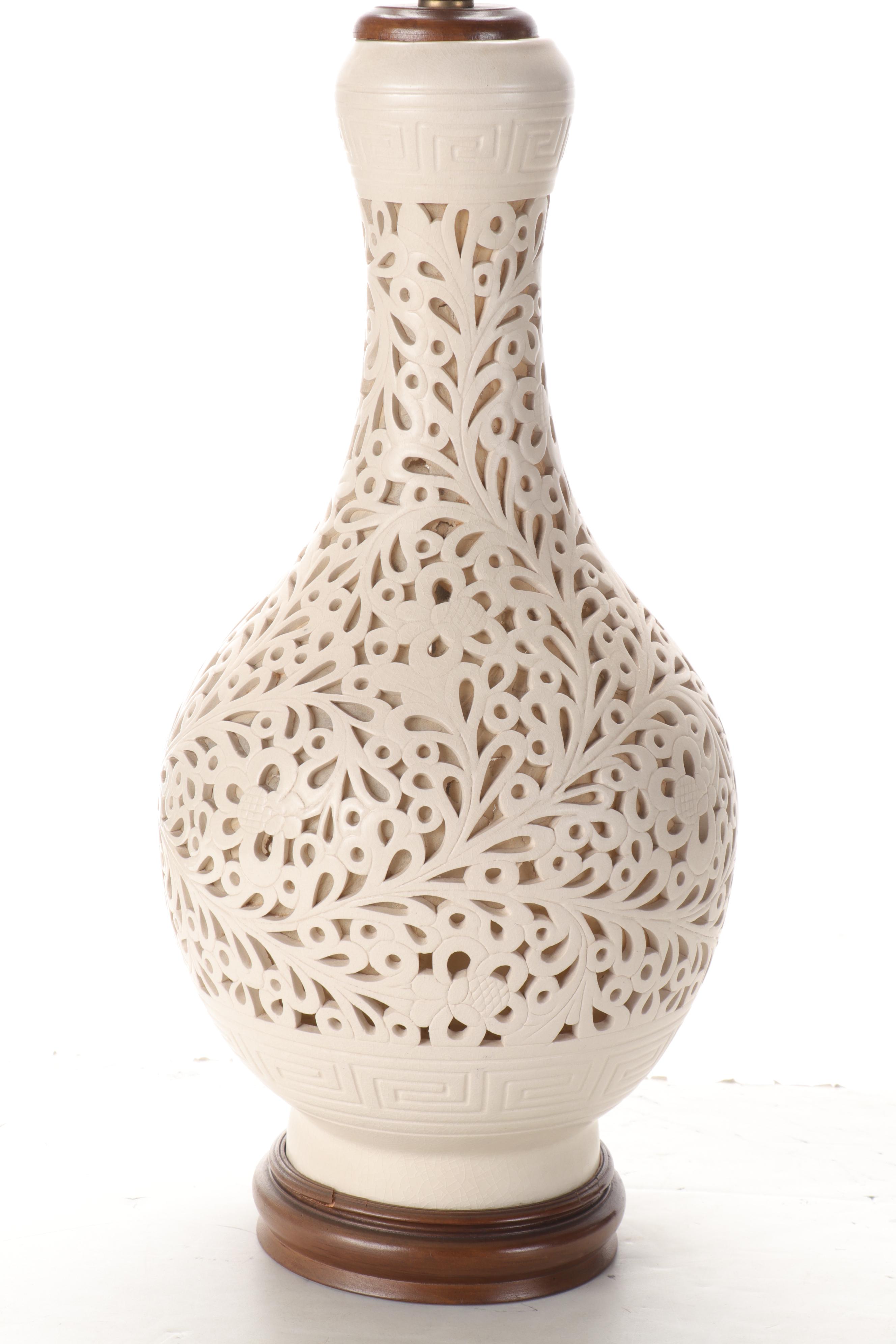 Pierced Ivory Ceramic Vase Lamp, Mid-20th Century