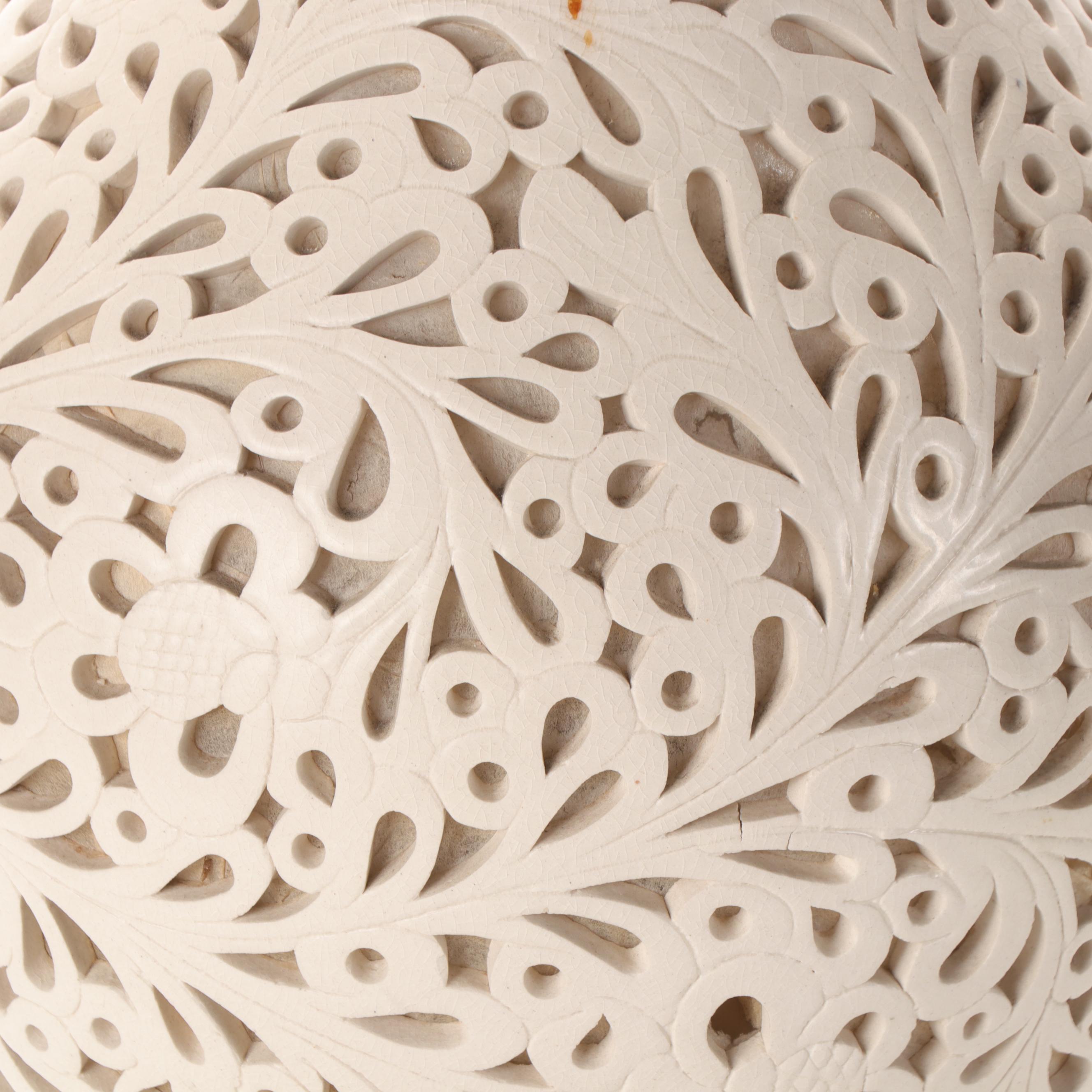 Pierced Ivory Ceramic Vase Lamp, Mid-20th Century