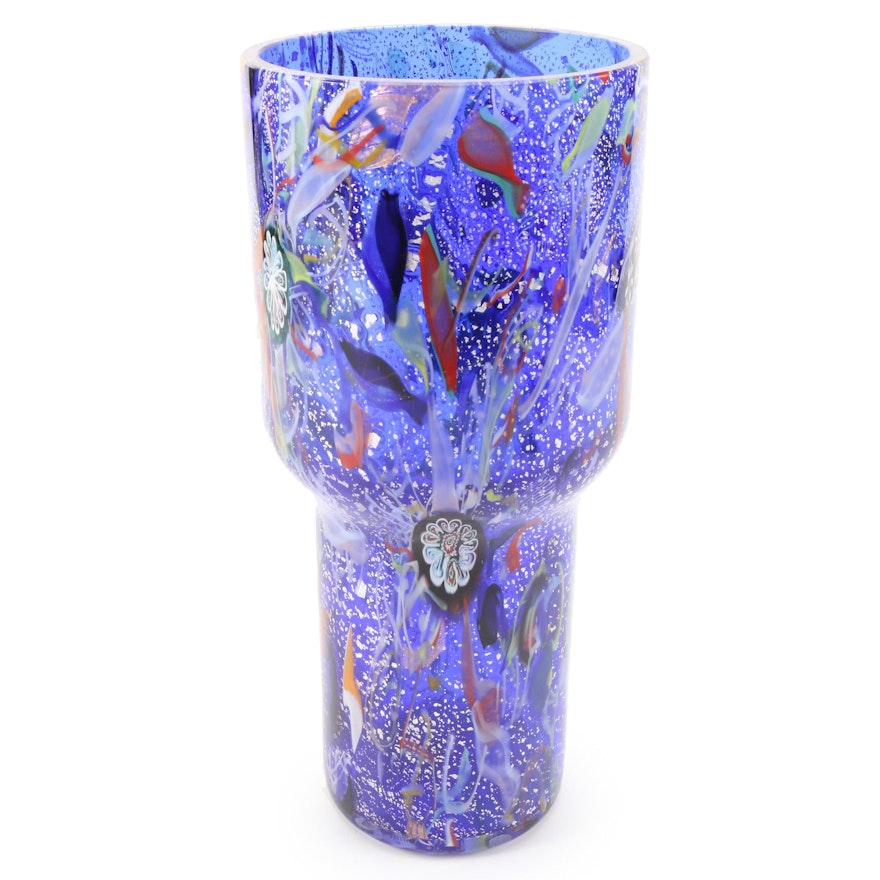 Eros Raffael Murano Blown Cobalt Blue with Murrine and Silver Leaf Glass Vase