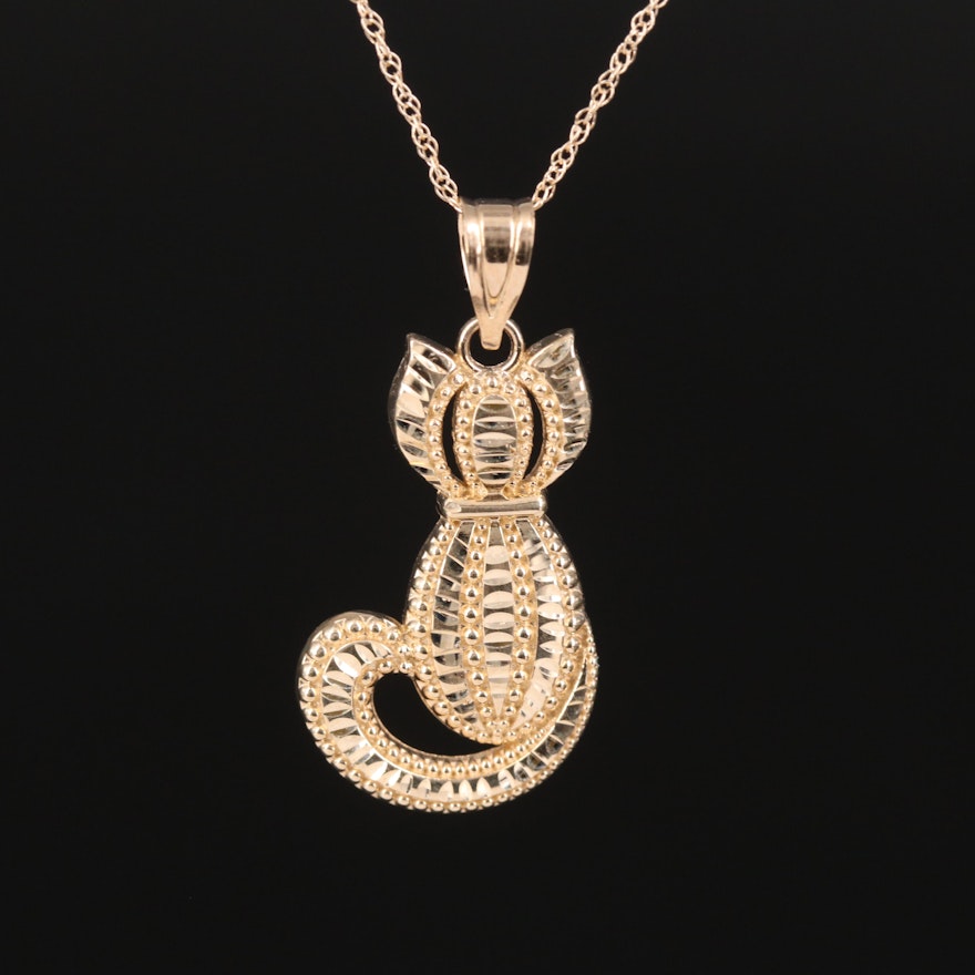 10K Textured Sitting Cat Pendant Necklace