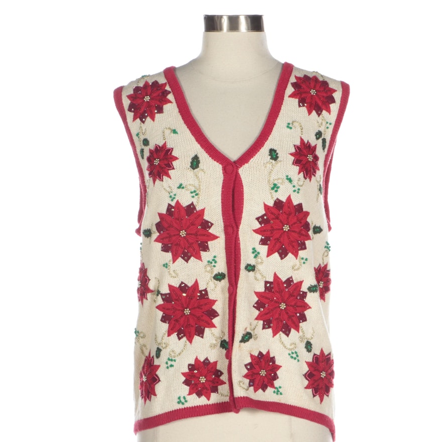 Bobbie Brooks Red/White Knit Button-Front Vest with Poinsettia Appliqués