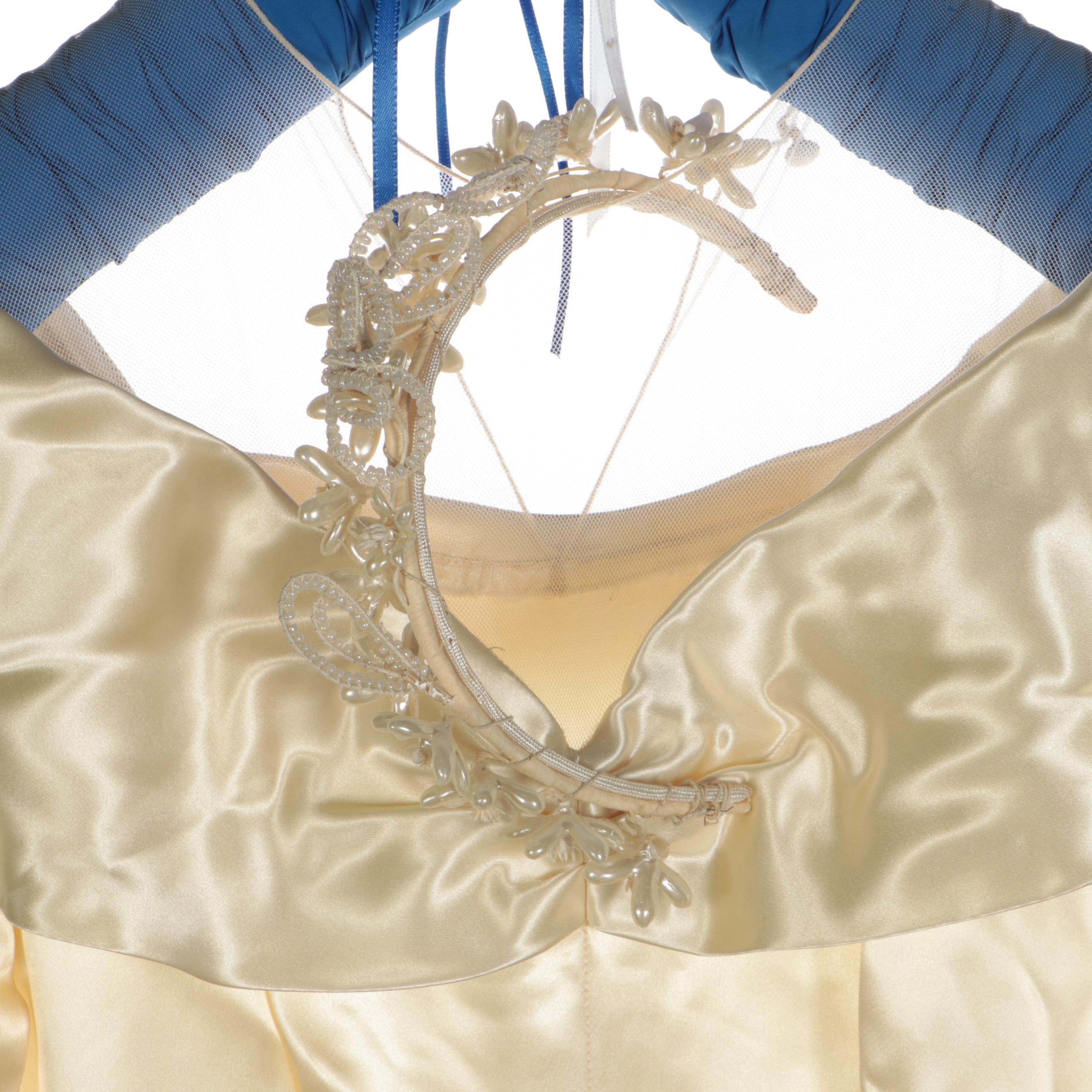 Portrait Collar Off-White Satin Wedding Gown with Chapel Train and Headband