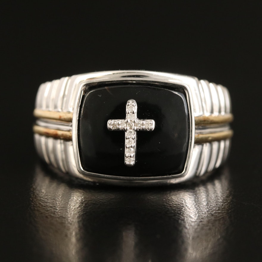 Sterling Black Onyx and Diamond Cross Ring