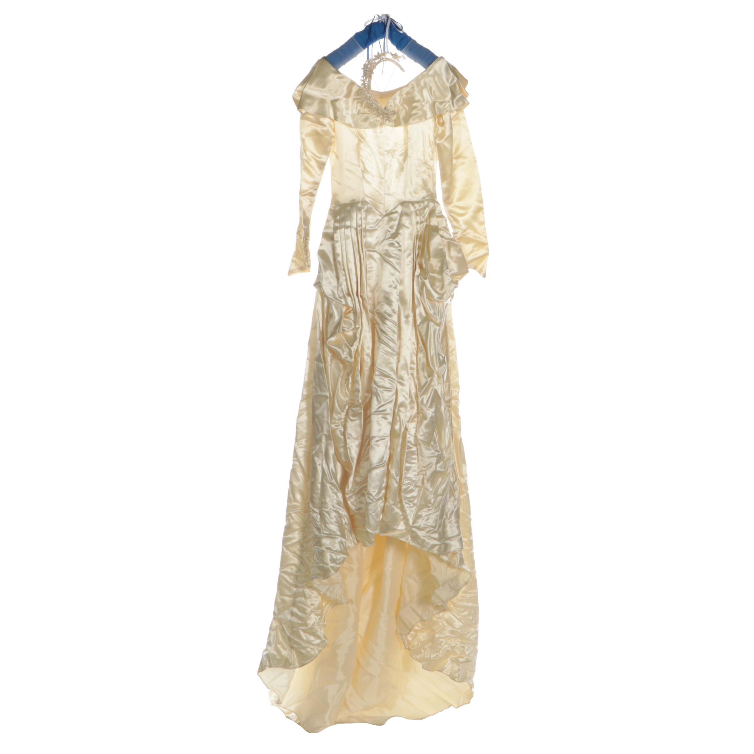 Portrait Collar Off-White Satin Wedding Gown with Chapel Train and Headband