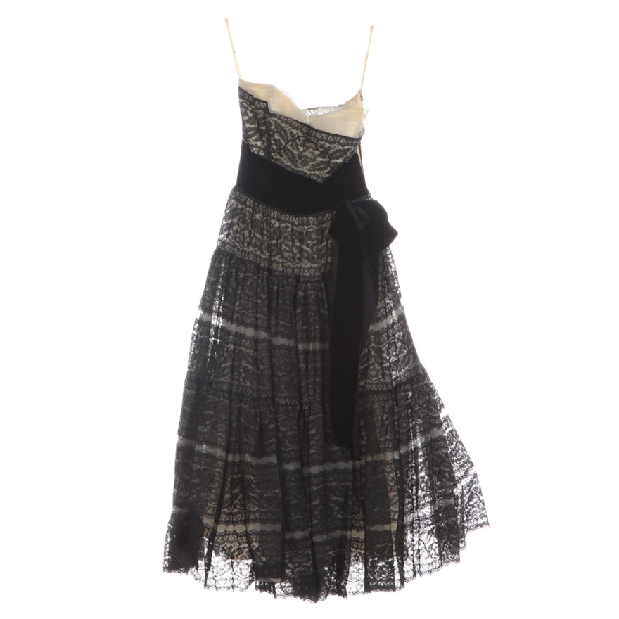 Black Lace Overlay Strapless Occasion Dress with Velveteen Bow Sash, 1950s