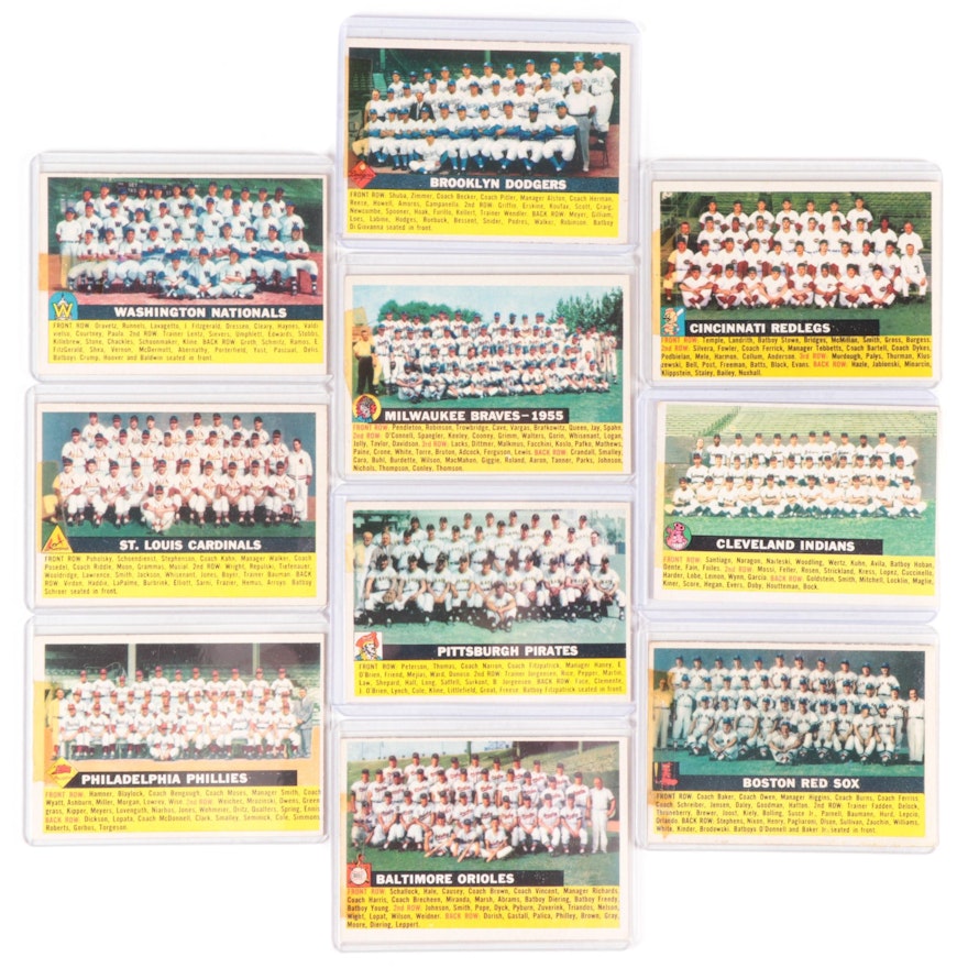 1956 Topps Baseball Team Cards Including Brooklyn Dodgers, Cincinnati Reds