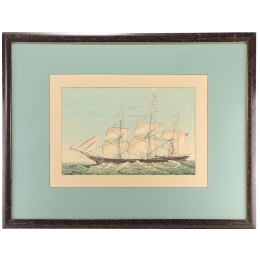 Nautical Serigraph of a Three-Masted Ship