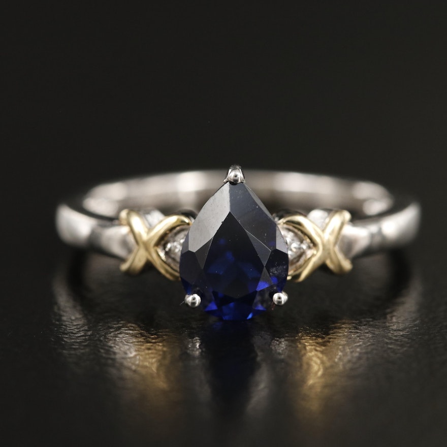 Sterling Sapphire Ring with 10K "X" Accents