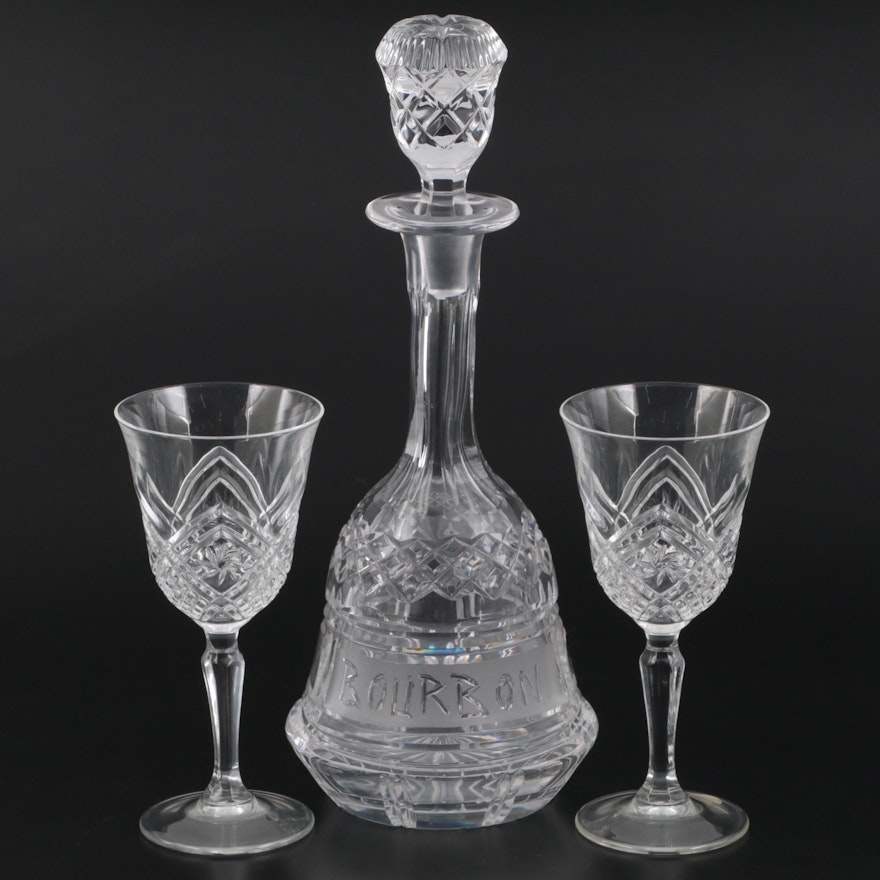 E & R Lead Crystal Bourbon Decanter with Cristal de Flandre Wine Glasses