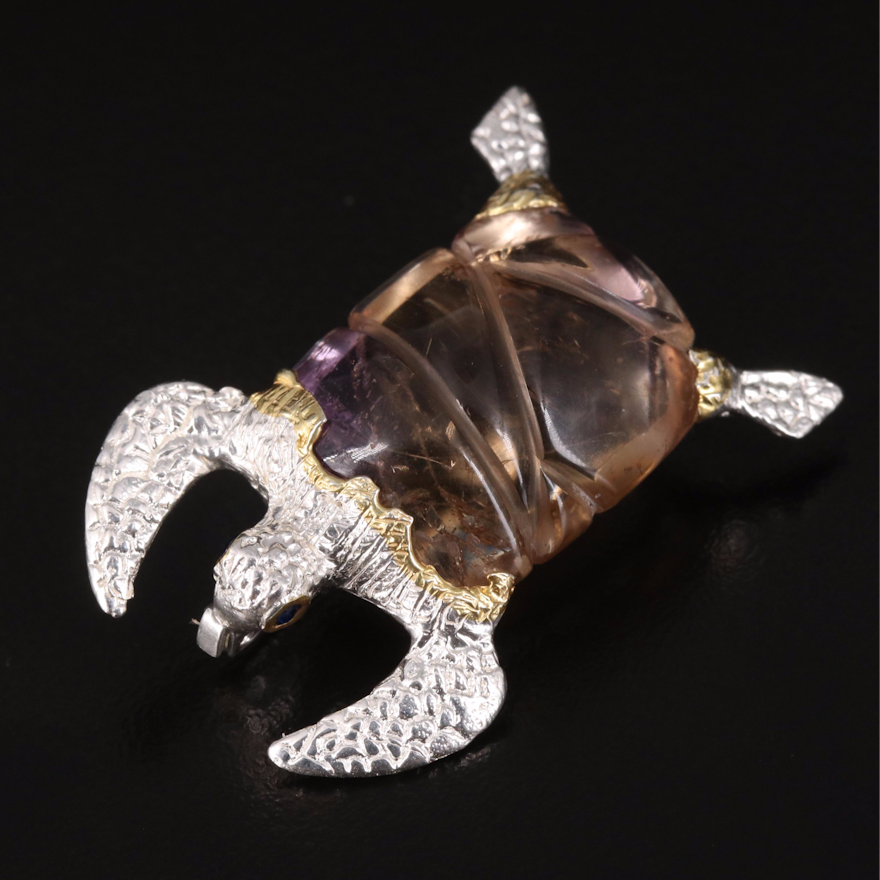 Sterling Turtle Brooch with Ametrine and Glass