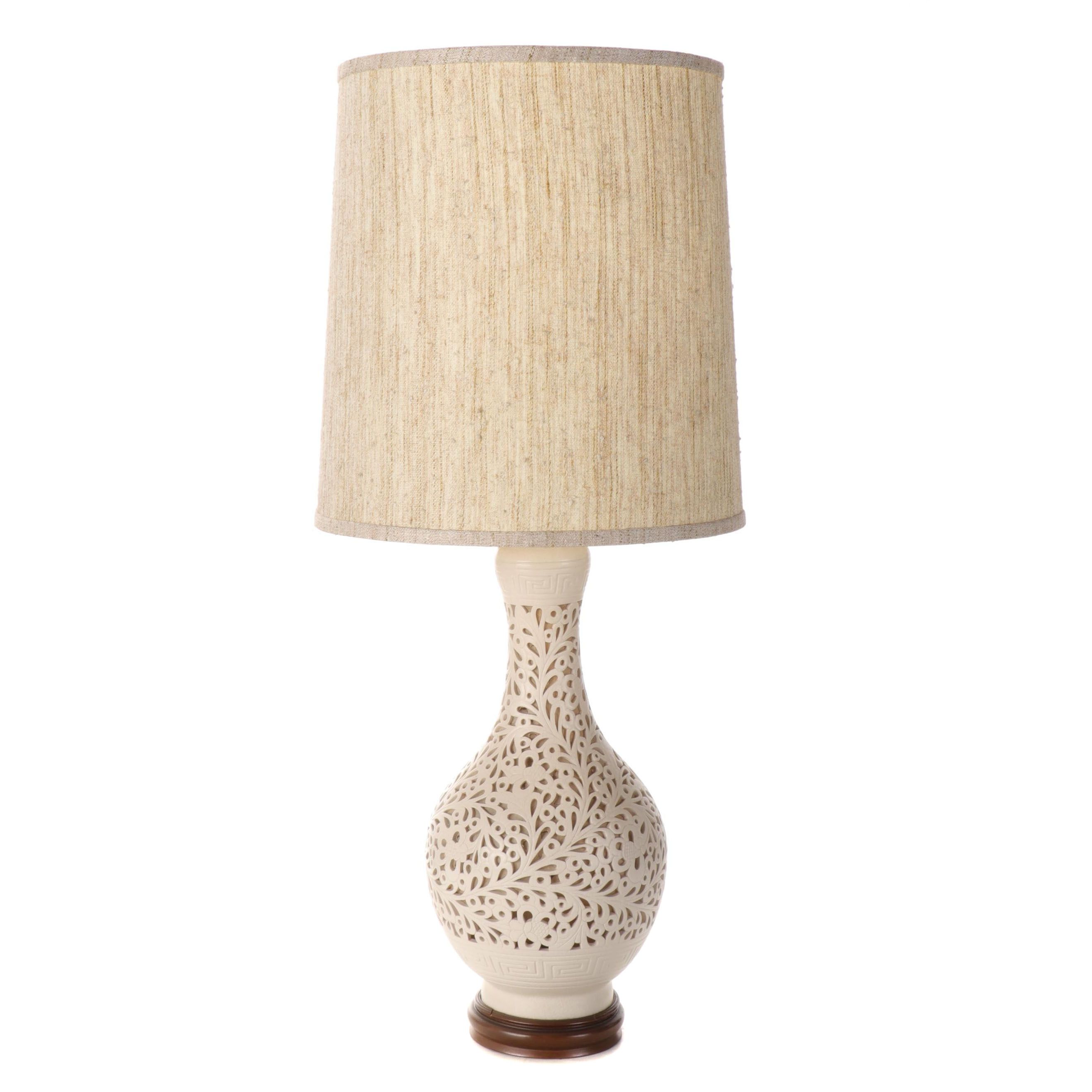 Pierced Ivory Ceramic Vase Lamp, Mid-20th Century