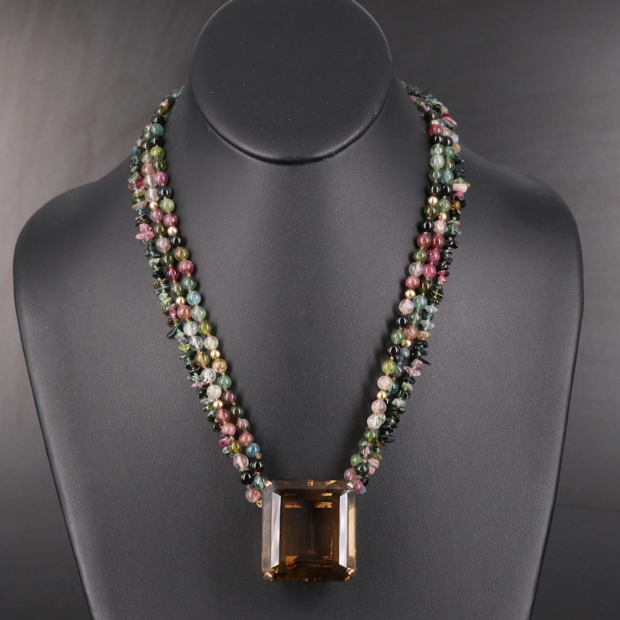 14K 171.30 CT Smoky Quartz and Tourmaline Necklace