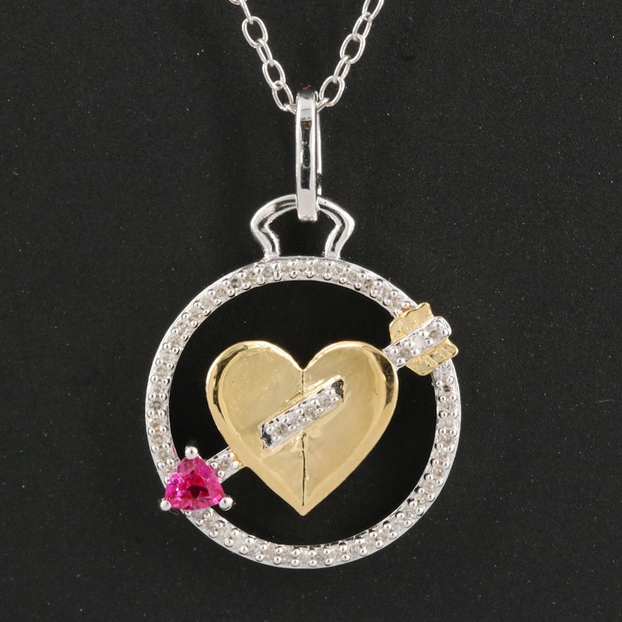 Sterling Diamond and Ruby Pierced Heart and Arrow Pendant Necklace