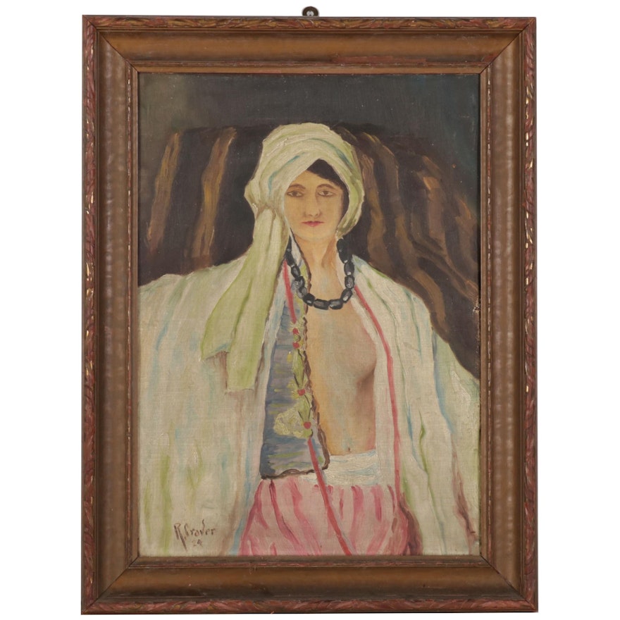Portrait Oil Painting of Woman in Bedouin Style Attire, 1924