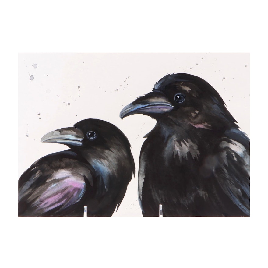Anne Gorywine Watercolor Painting of Ravens, 2020