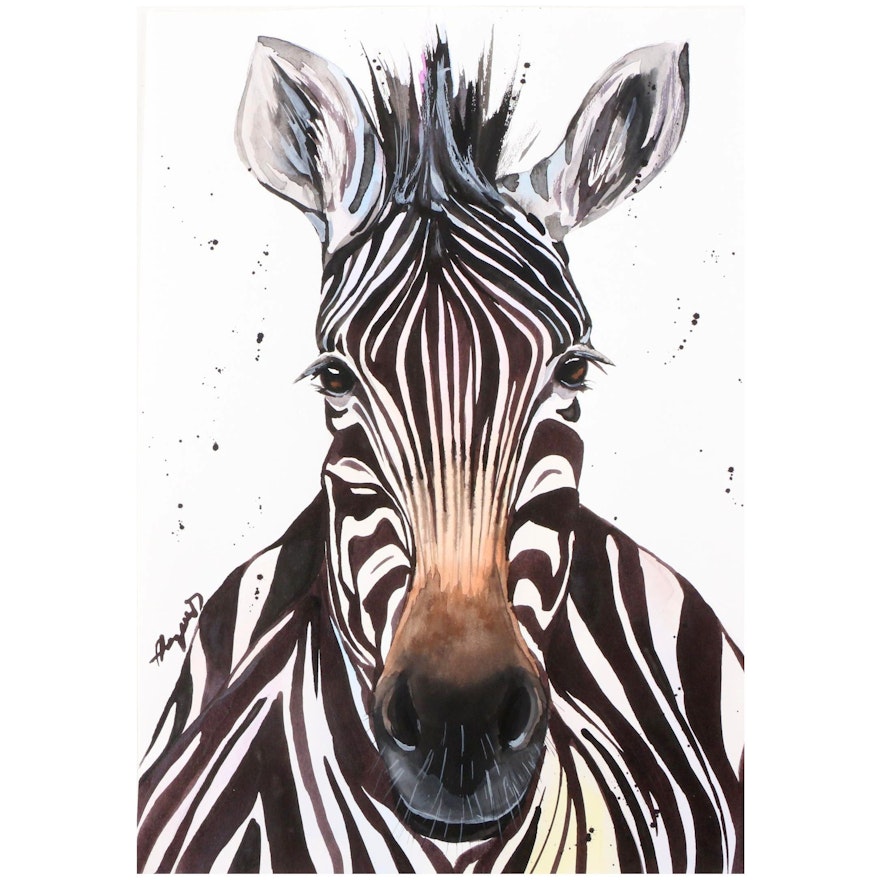 Anne Gorywine Watercolor Painting of Zebra,  21st Century