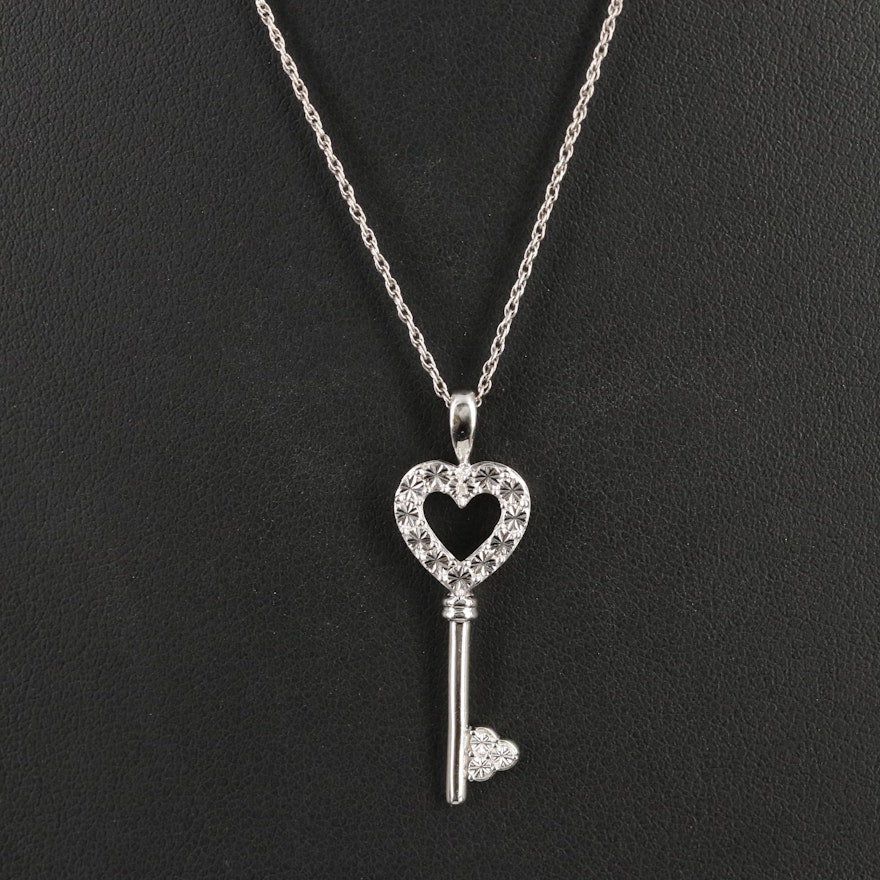 Sterling Diamond Heart Key Pendant Necklace