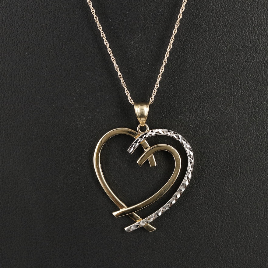 14K Two-Tone Diamond Cut Heart Pendant Necklace