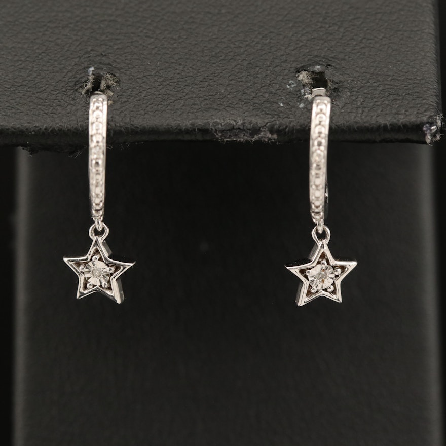 Sterling Diamond Star Drop Hoop Earrings