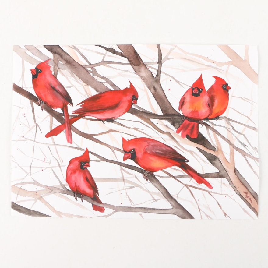 Anne Gorywine Watercolor Painting of Cardinals, 2020