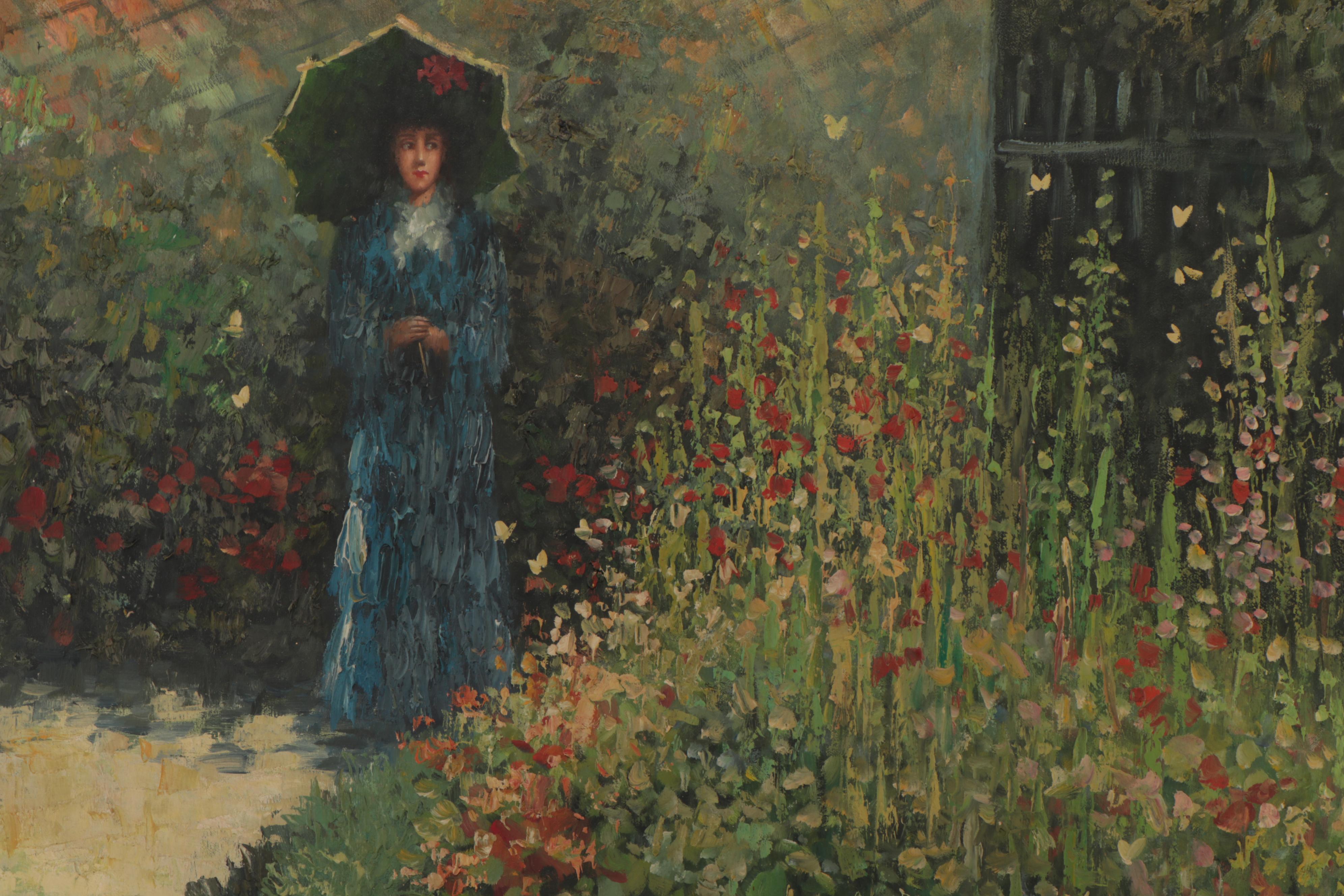 L. Martin P. Oil Painting of Lady in Greenhouse, Mid to Late 20th Century