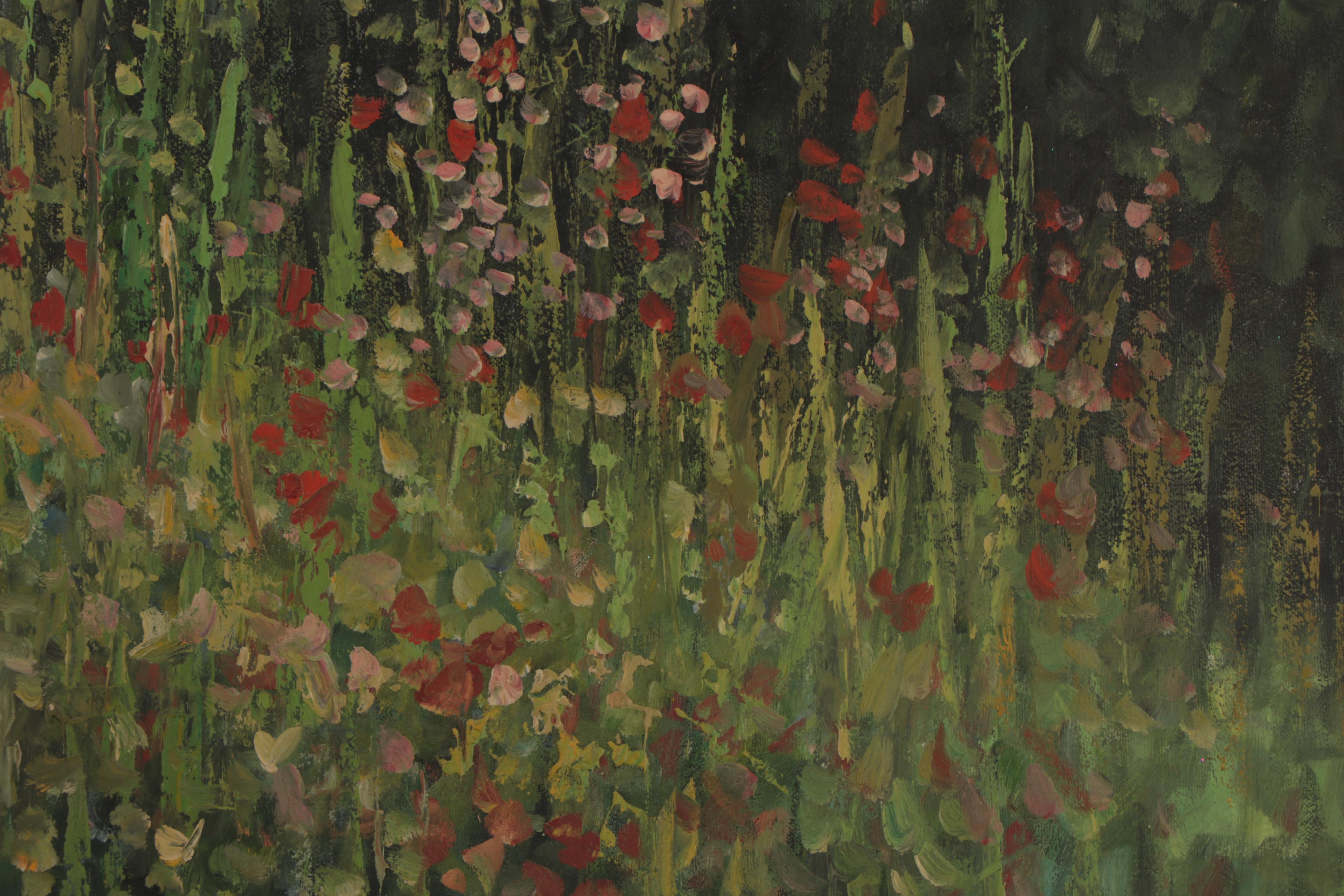 L. Martin P. Oil Painting of Lady in Greenhouse, Mid to Late 20th Century