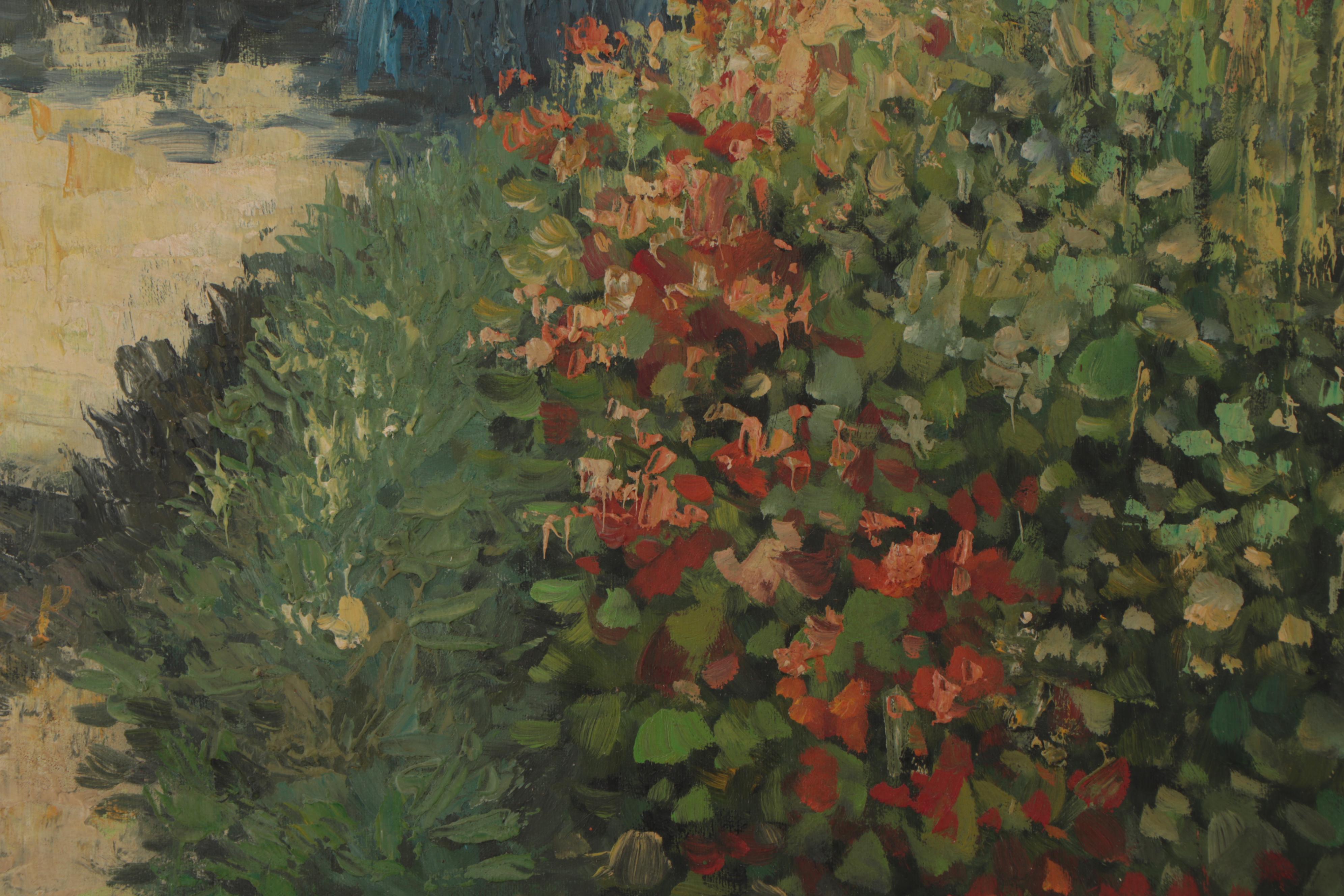 L. Martin P. Oil Painting of Lady in Greenhouse, Mid to Late 20th Century