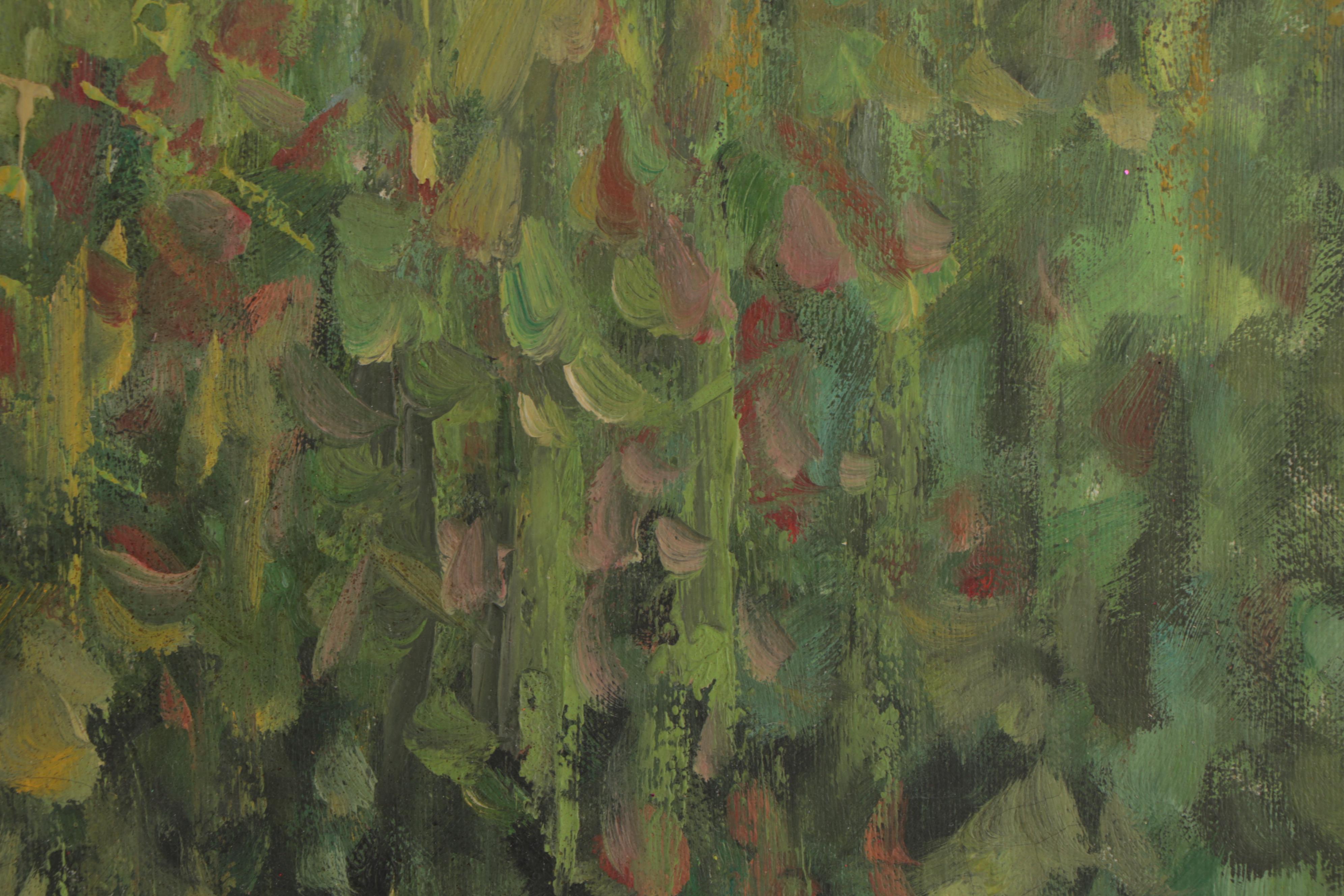 L. Martin P. Oil Painting of Lady in Greenhouse, Mid to Late 20th Century