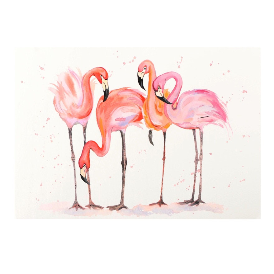 Anne Gorywine Watercolor Painting of Flamingos, 2020